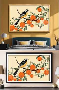国画喜鹊柿柿如意柿子好事发生装饰画