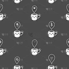 无缝图案与可爱的卡通杯在黑暗的背景。墙纸上有杯子和茶包。配有健康草药饮料的菜肴。花卉涂鸦打印。