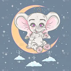 可爱的,象,绘画插图,月亮,请柬,贺卡,背景分离,玩具,云,小的