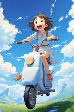 动漫设计骑电动车的男孩女孩插画