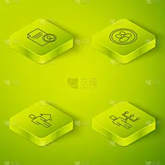 设置等距项目团队基地、组长、西装男用户和简历图标。向量