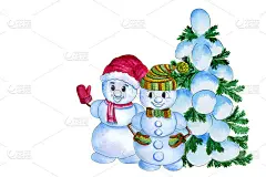 水彩圣诞树在雪和两个雪人朋友