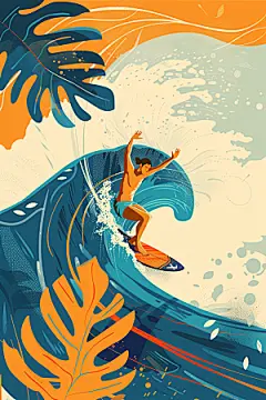 扁平风冲浪夏季自然插画