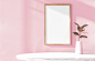 Thin wooden frame mockup with white background on empty pink wall, empty space