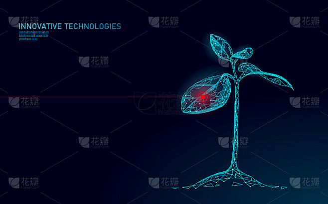 植物芽生物技术的抽象概念。3D渲染幼苗，树叶子DNA基因组工程维生素补充。医学生命生态多边形三角形低