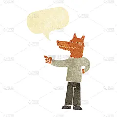 卡通人物用语音泡泡指着狐狸