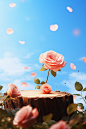 tree stump near pink rose petals, in the style of sky-blue and orange, soft-focused realism, disney animation, minimalist backgrounds, classical, historical genre scenes, delicate flowers, realistic blue skies