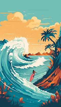 扁平风冲浪健身夏季插画