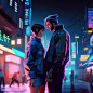 A couple, on a Japanese street, holding hands, they are very much in love, looking at each other, eyes full of love, both dressed very casually, cyberpunk style, neon in the background, cinematic Lighting Art, illustration, Shinkai, Hayao Miyazaki, 8k --v