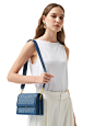 Mini Flap Bag - Blue Denim Weave : Material: Woven Denim Fabrics Fabric lining 7.9'' W × 6.1'' H × 3.1'' D (20cm x 15.5cm x 8cm) 16.9''（43cm）Handle Drop Detachable Strap (Unadjustable) Gold Hardware Push-Lock Closure 2 Interior Pockets 1 Zipping Pocket Fi