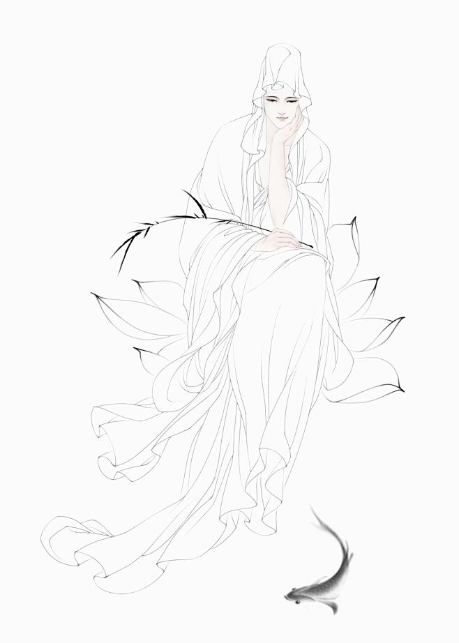 张旺白线描稿四大菩萨之观世音菩萨