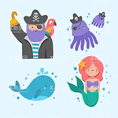 海洋元素  - 源文件下载【酷图网】海洋元素,海洋相关,大海元素,海盗,美人鱼,海洋生物,海洋卡通元素,水彩手绘,海洋贴图,