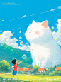 【插画师作品】第282期：插画师阿花的奇妙世界笔下巨大的萌宠和春日景色的治愈系插画