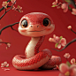 A cute red snake, chibi style, happy expression, Chinese New Year elements, Spring Festival couplets and flowers on the body, red background, solid color background, cartoon design, 3D rendering, cute style, high-definition details, cute eyes