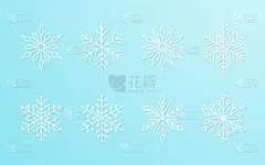 圣诞节雪花收集白色孤立在蓝色梯度背景。可爱的雪图标与复杂的轮廓。不错的线条涂鸦装饰元素新年横幅，卡片