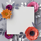 3d render, abstract paper flowers, floral background, blank square frame, greeting card template