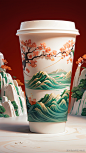 (Masterpiece， high quality， best quality， official art， beauty and aesthetics: 1.2)， milk tea cup， surrounded by red rocks， splashing spray， (Chinese landscape paper carving， Chinese Song Dynasty landscape painting: 1.2)， (surrealist dream style)， cream o
