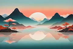 国潮水墨扁平山水意境插画