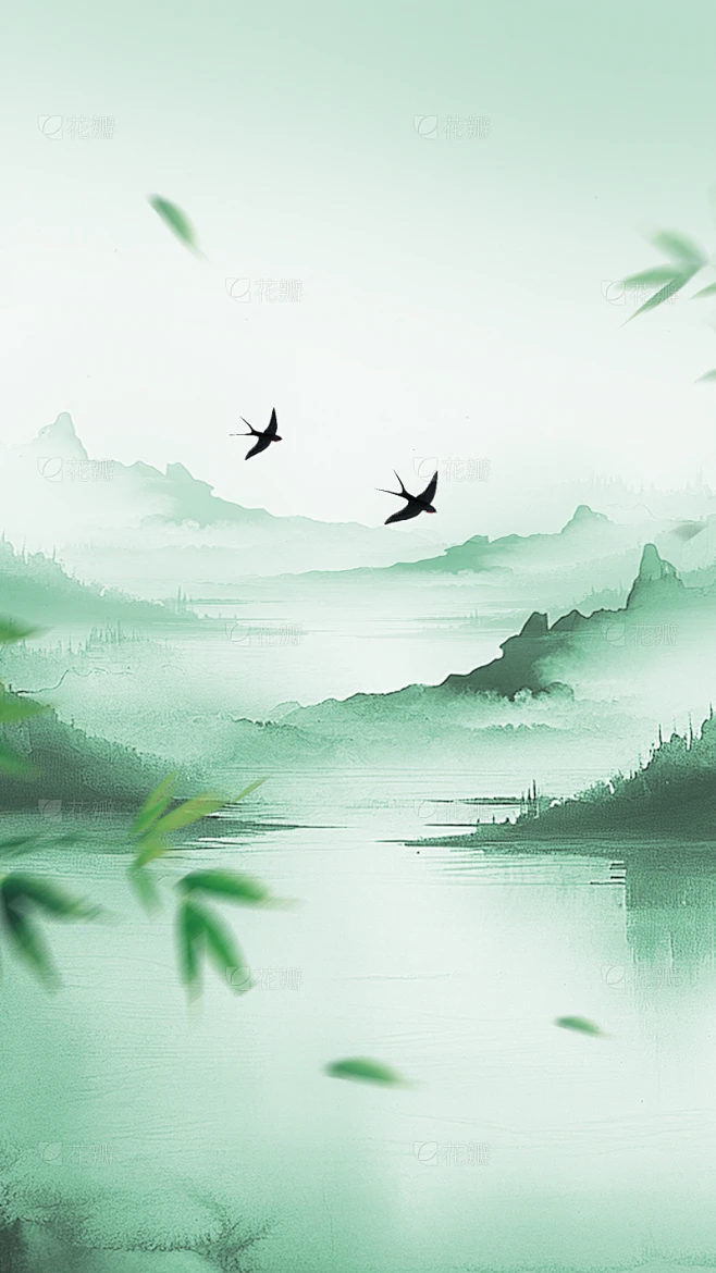 清明节水墨风肌理山水燕子背景-花瓣网