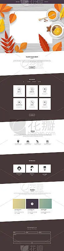 秋季一页网站模板与平顶视图设计工作场所和橙色的秋季树叶。
