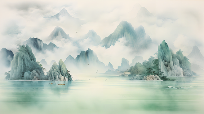 清新手绘水墨风格古诗词山水画
