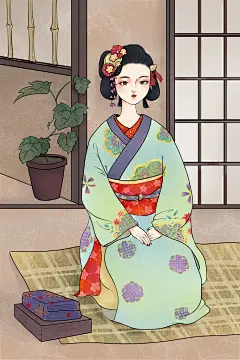 日本浮世绘跪坐礼仪插画