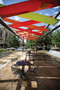 Colorful #fabric shade #structures designed by Rios Clementi Hale architects invite passers-by to enjoy San Antonio’s Main Plaza in the heart of town.: 