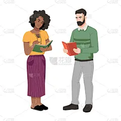美国黑人妇女和白人男子站在一起，翻开书，一起阅读。向量黑人女孩和男孩聊天教科书。大胡子读文学，人们讨