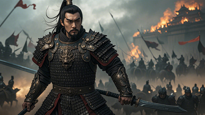 一名穿盔甲中国古代男将军在沙场战斗，侧身，手持长剑，表情严肃，灰头土脸，身后有许多士兵在攻城，战火连天，烽烟四起，低饱和度，史诗般的构图，皮肤 ...