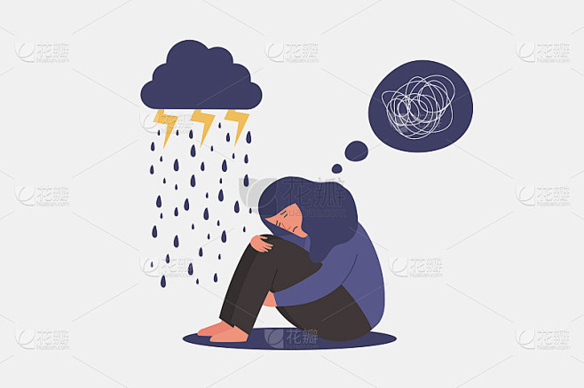 不快乐和悲伤的年轻女孩在沮丧坐和拥抱膝盖与困惑和雨云的思想