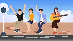 蓝黄手绘高端大气时尚校园生活插画