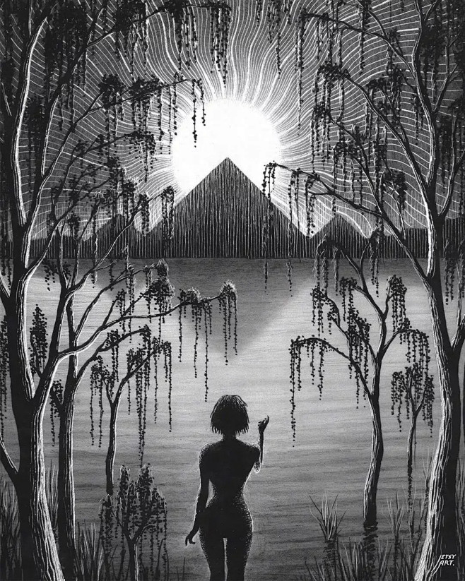 澳大利亚插画师justinestcourt富有设计感的黑白画风作品在黑暗中描绘