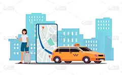 汽车,女人,卡通,黄色,出租车,移动应用程序,电话机,都市风景,打电话,服务