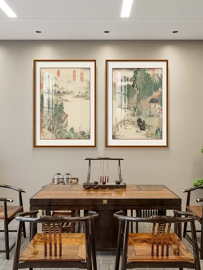 国画山水画茶室挂画新中式客厅装饰画双联组合壁画餐厅背景墙画方-tmall.com天猫-花瓣网