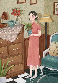 民国风插画   捧花的少女   民国女孩