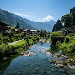 (2/4)在瑞士阿尔河流环绕一条河流环绕景色，以 die brücke 的风格结合自然和人为元素，whistlerian 风格的水反射，景观幻想，石头，瑞士风格(AI绘图来自WeDraw.art)