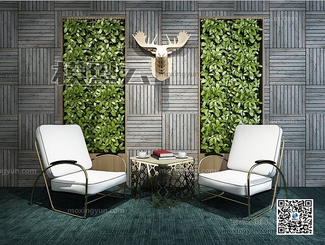 时尚单面植物墙休闲椅组合素材模型