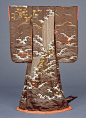 Omeshi Kimono with Falling Waterfalls in Embroidery on Brown Figured-Satin Ground. 18th century, Japan.  Kyoto National Museum: 