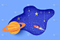 剪纸风格的空间景观。卡通3d土星行星，红色多边形火箭。星空下绳索上星星的抽象矢量坐标系。儿童卡片插图