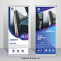 Business roll up with forms in blue and purple tones Free Vector