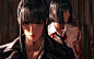 General 1920x1200 GUWEIZ women black hair science fiction Z.W. Gu illustration drawing original characters depth of field blood bangs concept art artwork frontal view portrait display black coat 2D fantasy painting coats open clothes