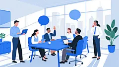 现代简约风格的办公场景插画，扁平化设计，明亮的蓝色主色调搭配白色和浅灰色，柔和的自然光从大型玻璃窗洒入，窗外可见城市建筑剪影。不同视角的办公环境：左侧站立使用笔记本电脑的男性，中央围坐在蓝色会议桌旁讨论的男女团队成员（一人手持平板电脑，一人操作笔记本电脑，一人举手发言），右侧站立思考的女性和双手插兜的男性主管。人物采用简约的线条勾勒，面部表情温和，穿着商务休闲服饰。场景中包含蓝色圆形对话气泡、大型绿植盆栽、现代办公椅，整体构图平衡，氛围轻松协作，具有清晰的视觉层级和信息传达效率，符合办公环境宣传的设计感。