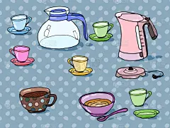 厨房器具,彩色图片,艺术品,饮料,热,咖啡,杯,食品,绘制,复古