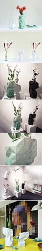 纸品设计荷兰设计师Pepe Heykoop的“Paper Vase Cover”（纸质花瓶）---产品采用平板包装，用防水铜版纸制作，富有雕塑美感的几何结构，使其在形态上能够灵活调整，以适应于不同体型的瓶身。该产品获得了IMM Cologne 2013的“室内创新奖”。