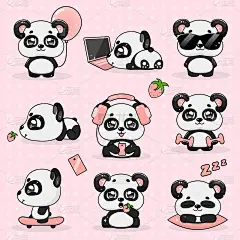 设置卡哇伊疯狂的小熊猫，矢量插图。