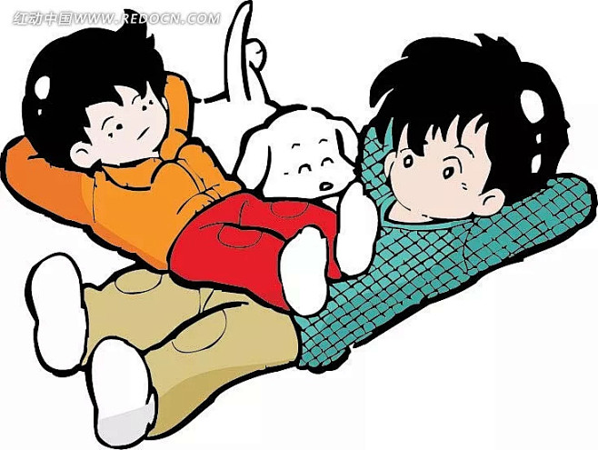 躺着的男孩和狗卡通画插画|动物|儿童|狗...