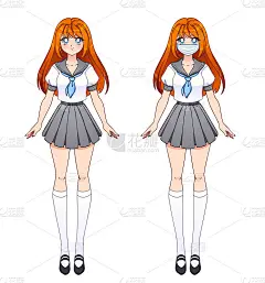 两个动漫女孩的集合。可爱的大眼睛女孩，穿着日本校服和医用口罩。手绘矢量插图孤立在白色。