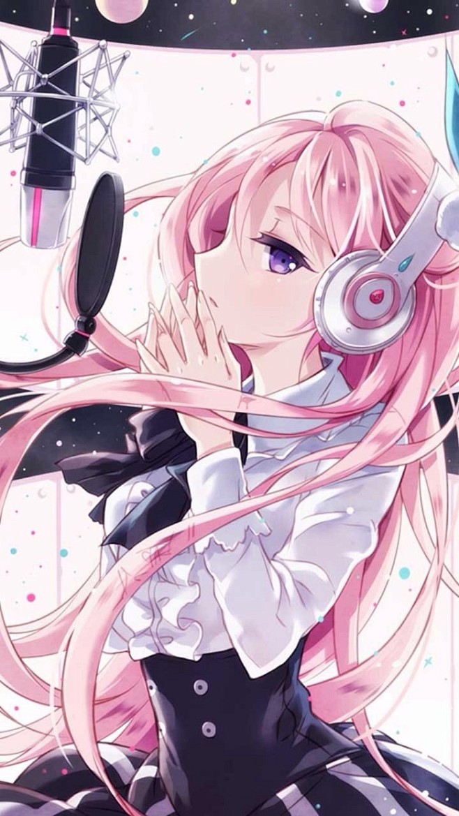 歌唱粉色头发飘耳机录音紫色眼睛二次元