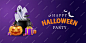 Horizontal Happy Halloween banner A group of 3D illustrations of a glowing pumpkin a ghost flying out of a witch's pot gifts of sweets for the holiday purple background