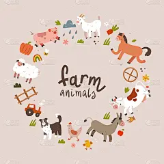 农场动物框架，复制空间模板与圈制成的插图家畜，牛，羊和猪插图